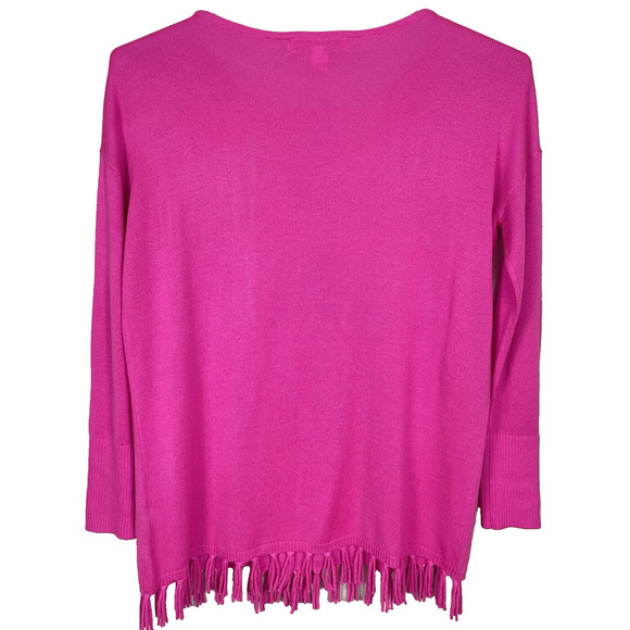 Lilly Pulitzer Emberly Sweater Size XS Mandevilla Pink Fringe Tropical Beach Fun - Picture 2 of 11